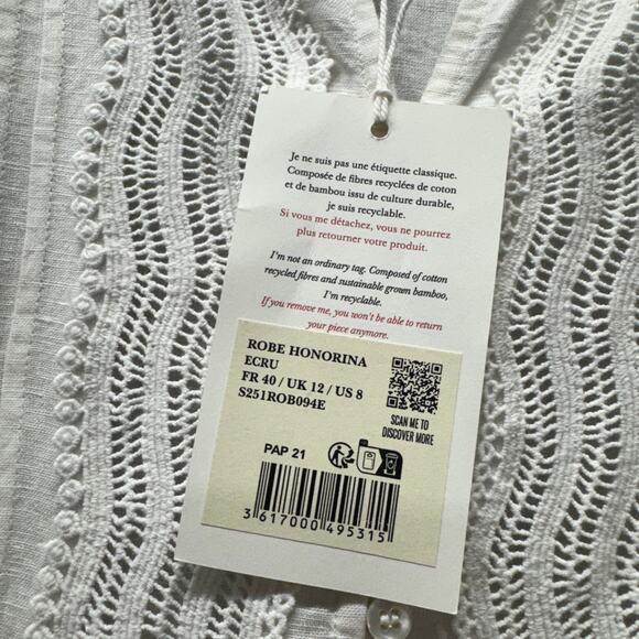 Sezane Honorina Dress Coastal Linen Cotton Button Up Mini Ecru Boho Womens 8 NEW - Picture 7 of 16